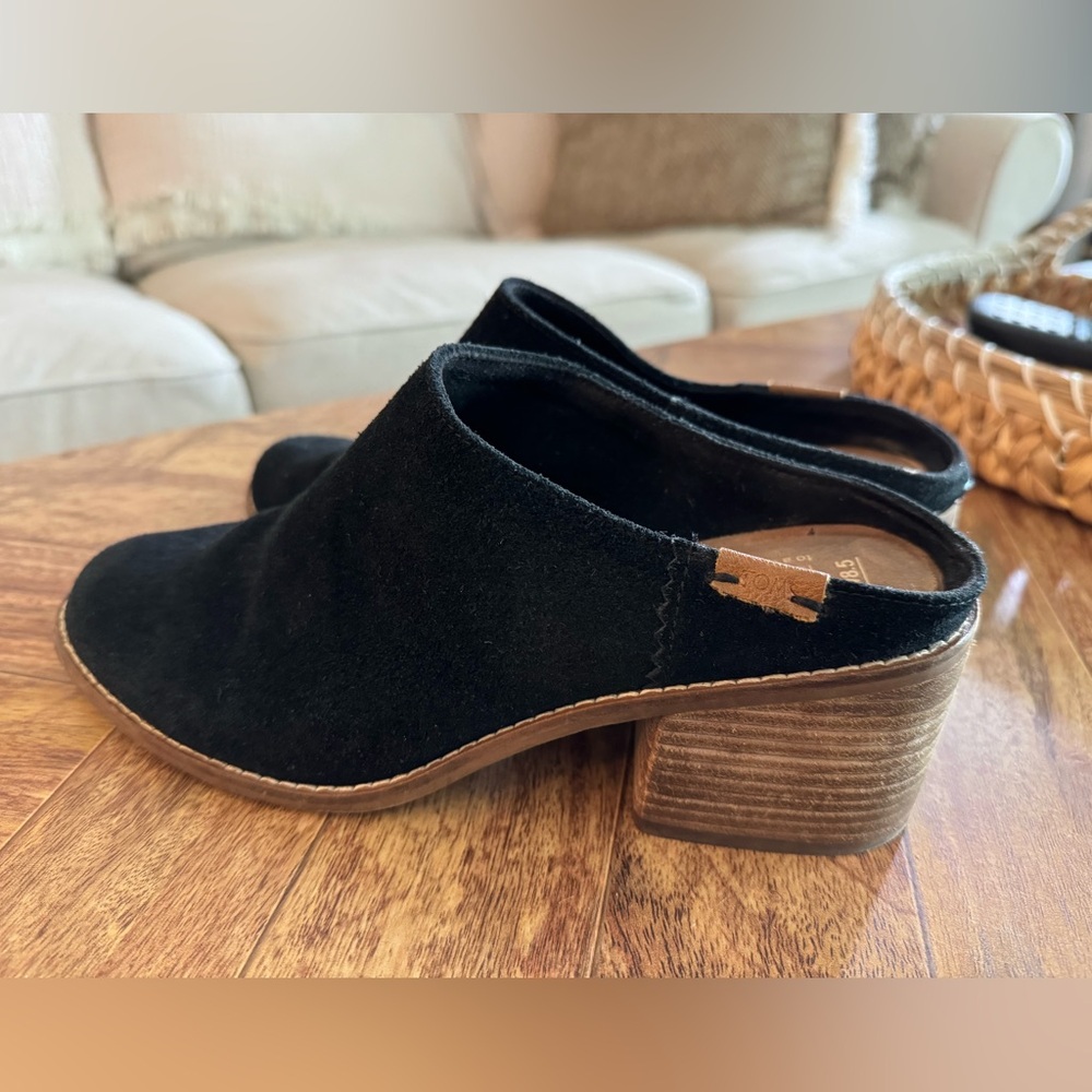 Toms black suede block heel mules